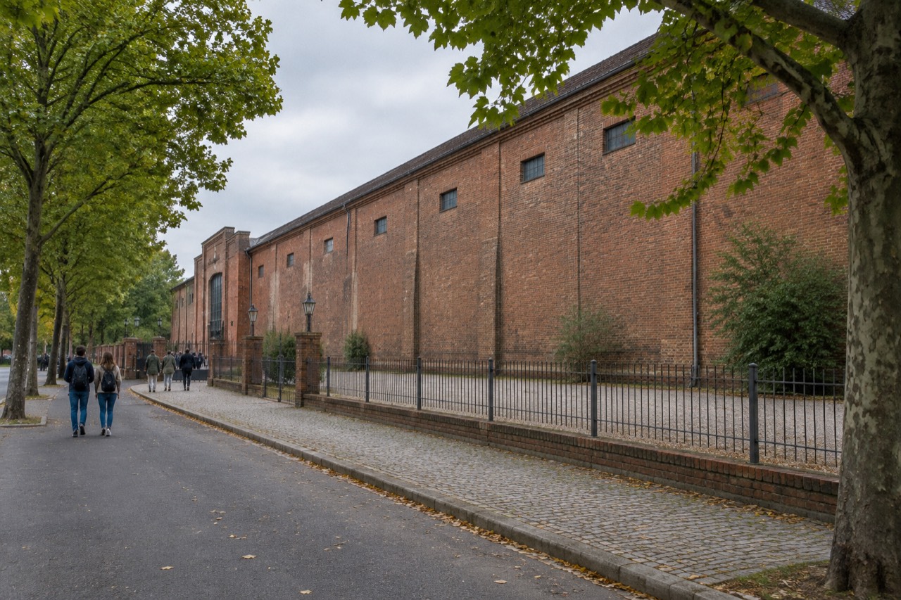Long brick film studio hall behind a fence on a quiet tree-lined street.