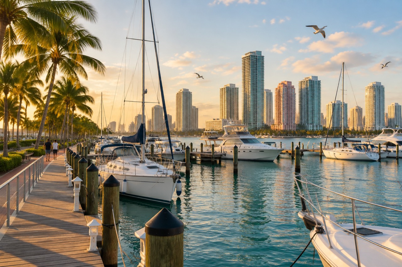 Sailboats moored at Bayside Marina in Miami with palm trees and downtown skyline beyond