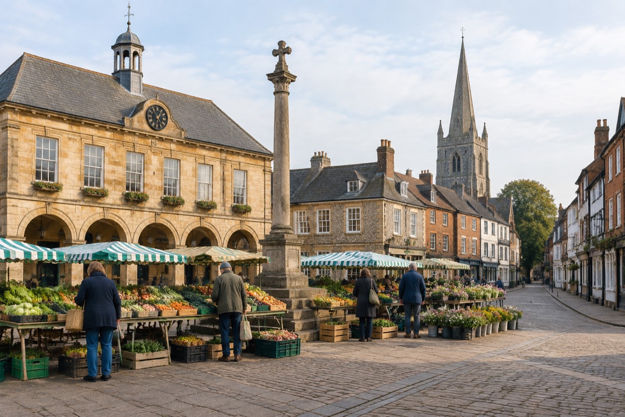 Honey-stone market square in an English market town, morning light, stalls and church spire.