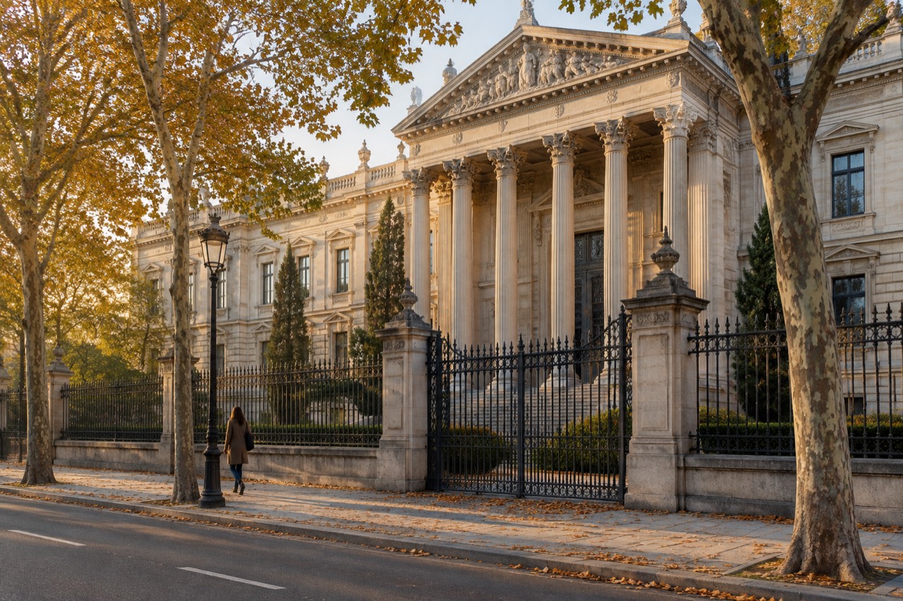 Neoclassical columned stone facade behind iron gates on a leafy Madrid street