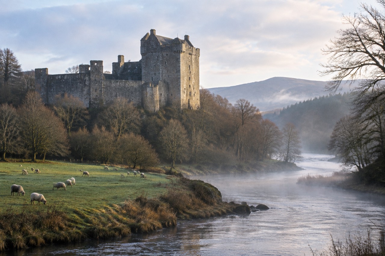 Grey stone medieval castle with a tall gatehouse above a misty river and green sheep pasture