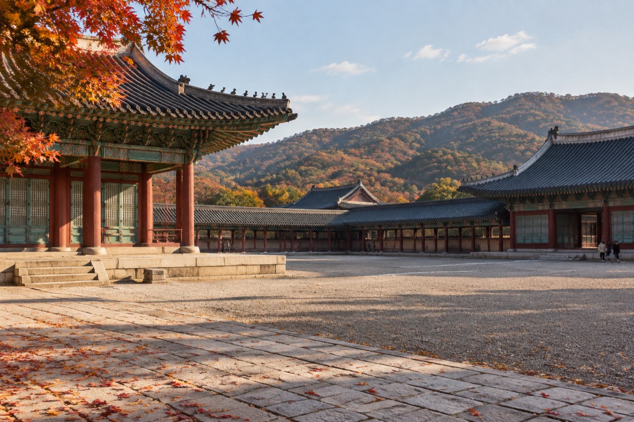 Sunlit Joseon palace courtyard with painted halls, curved tile roofs, distant hills and autumn leaves.