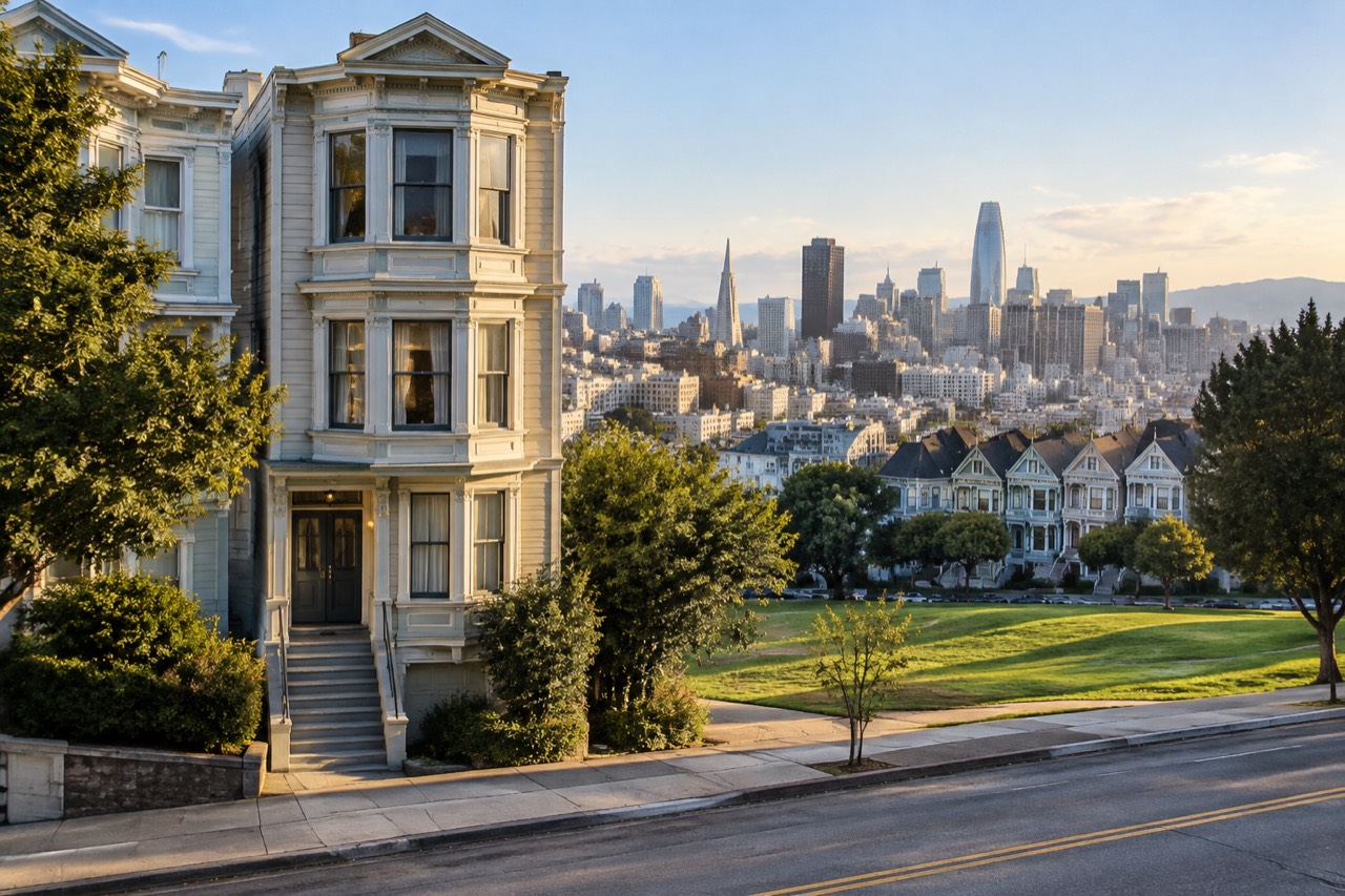 Victorian house on sloped San Francisco street with city skyline and park beyond