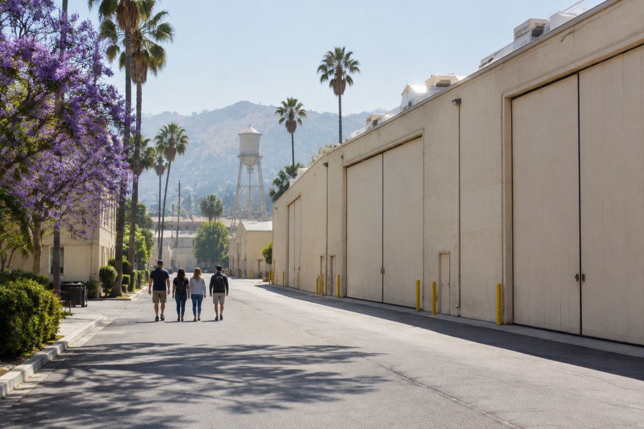 Cream soundstage exterior on a sunny studio lot street with palm trees and distant water tower.