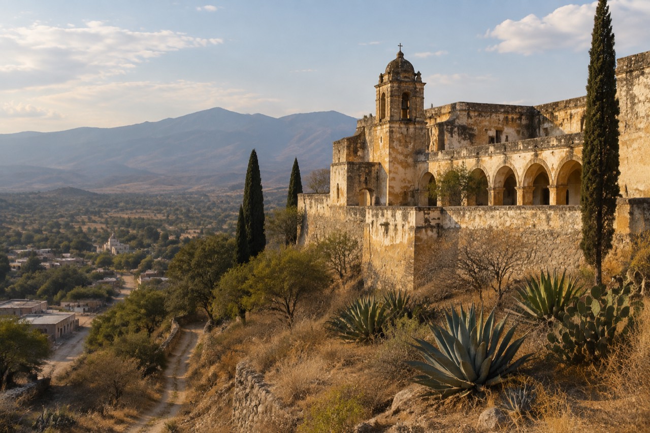 Old ochre monastery on a dry hillside in Oaxaca, Mexico