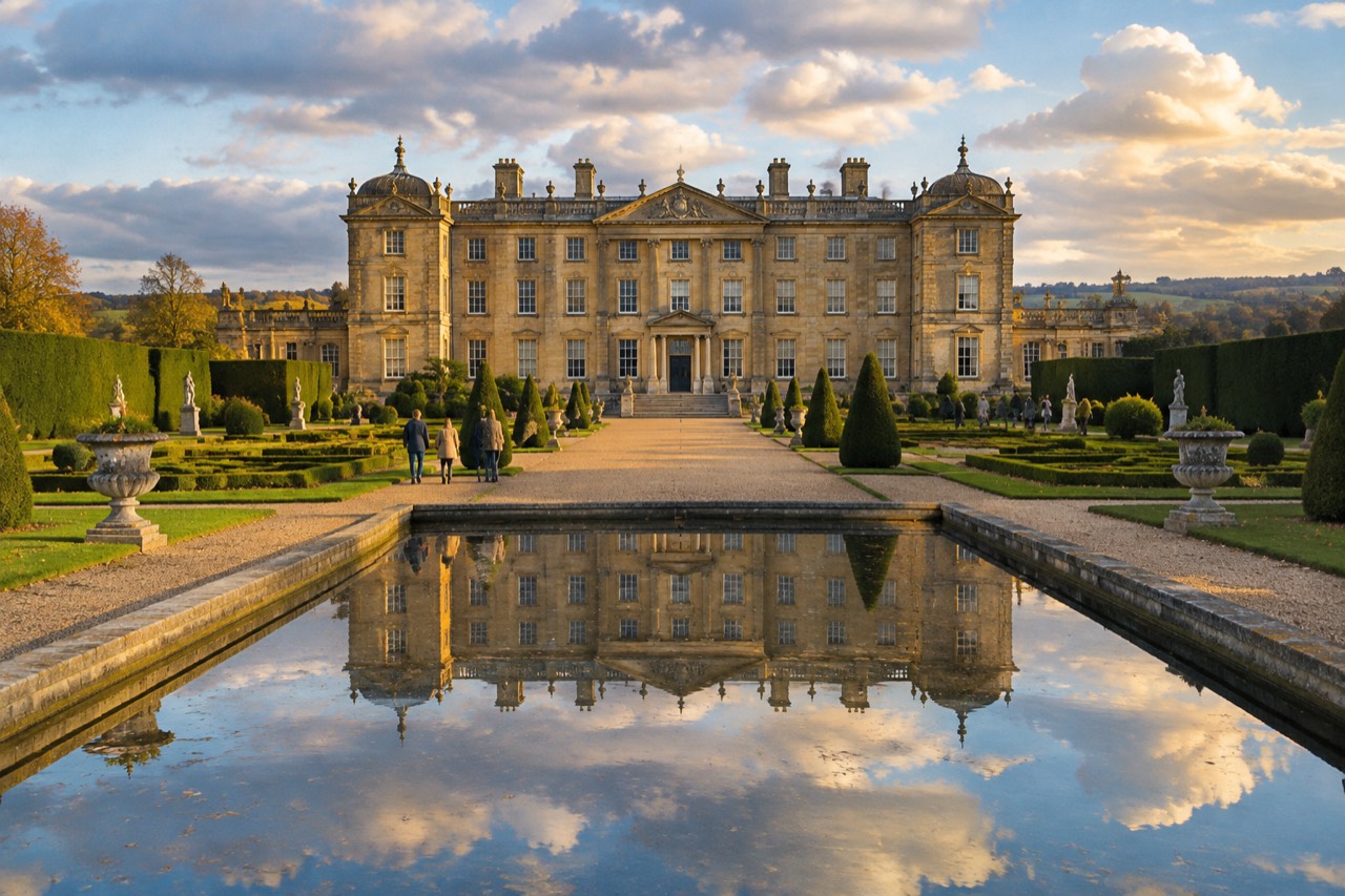 Grand stone stately home with formal gardens and reflecting pool under autumn sky