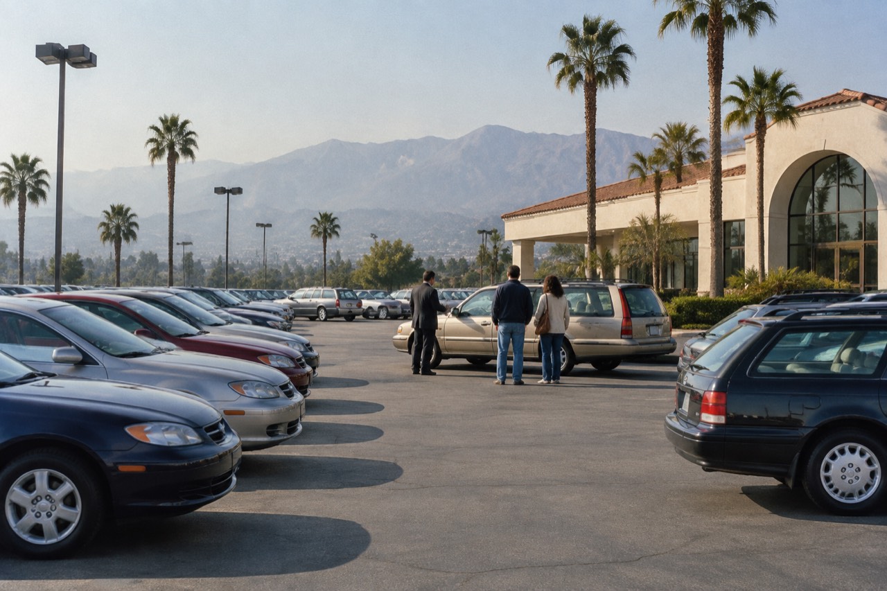 Car dealership lot in Glendale with parked cars, palm trees and distant mountains
