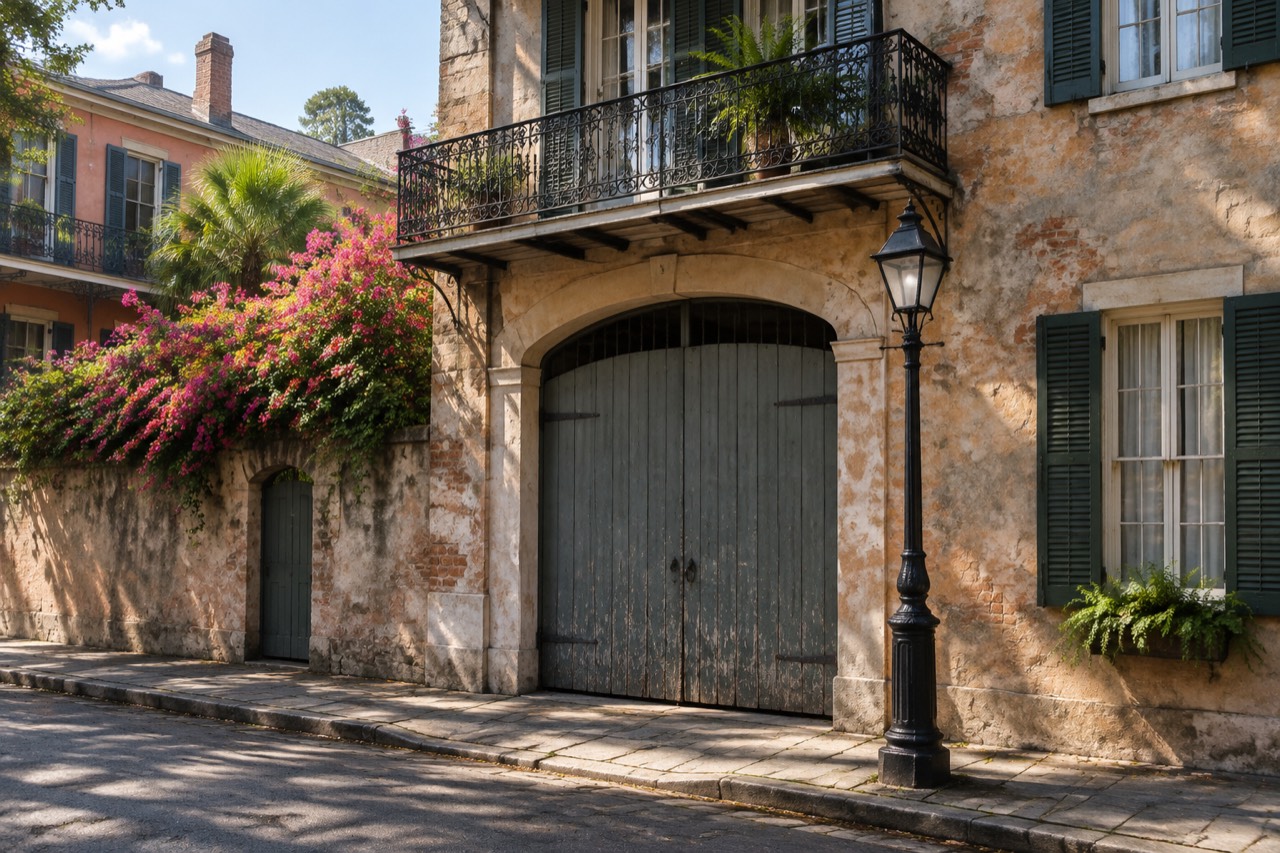 Creole townhouse with gated carriageway entrance on a French Quarter street, morning light