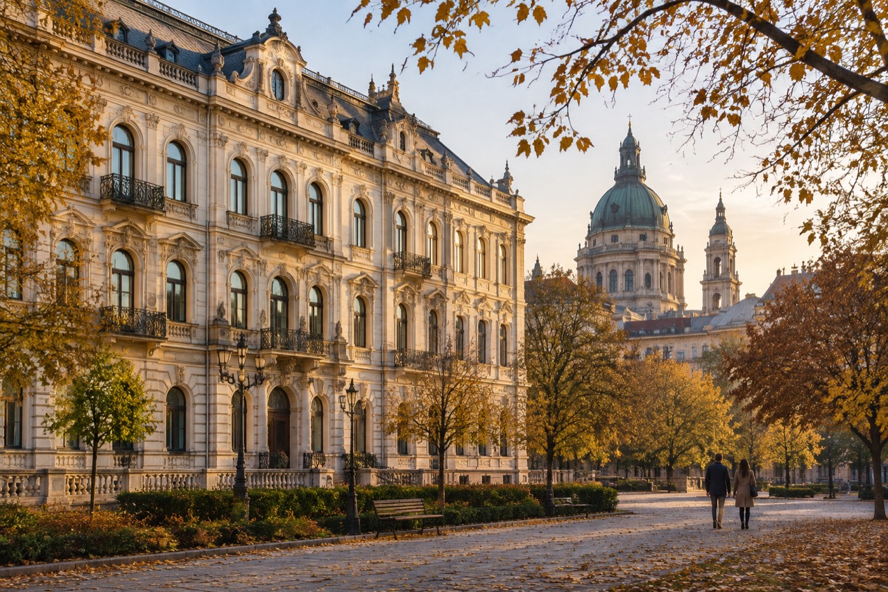 Pale neo-Baroque palace facade on a Pest street with basilica dome and autumn leaves