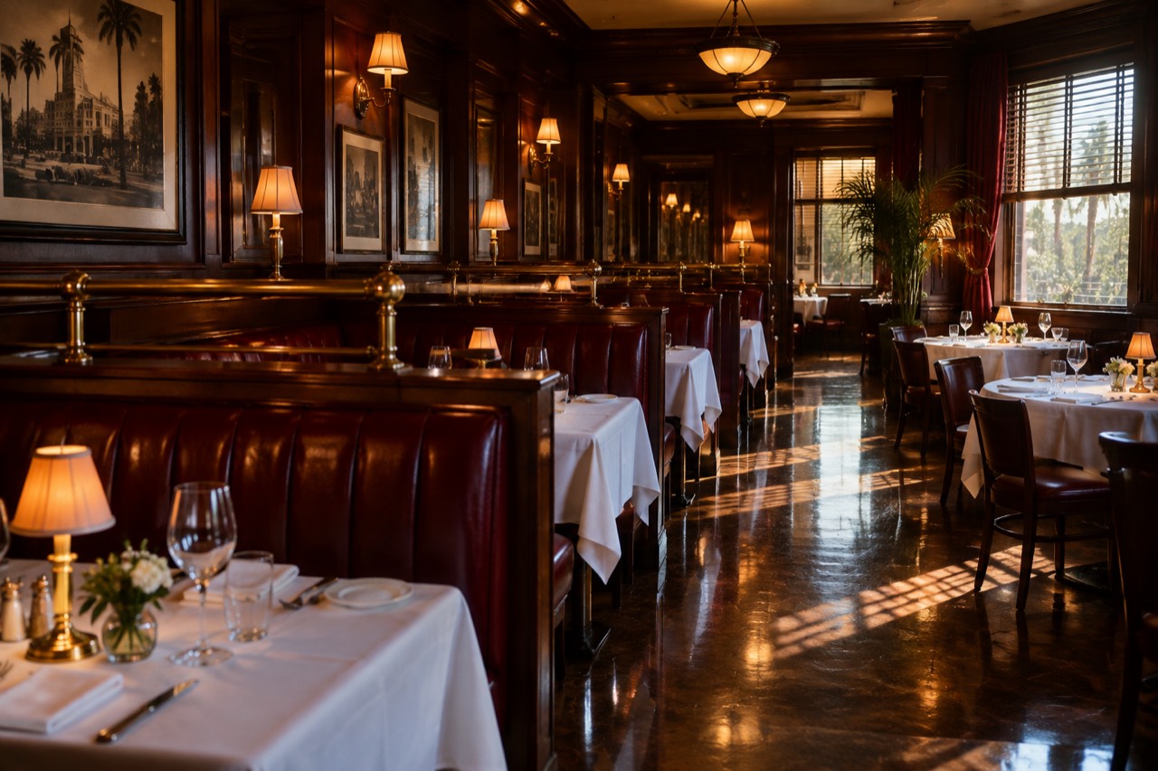 Red leather booths and dark wood panelling inside a historic Hollywood dining room