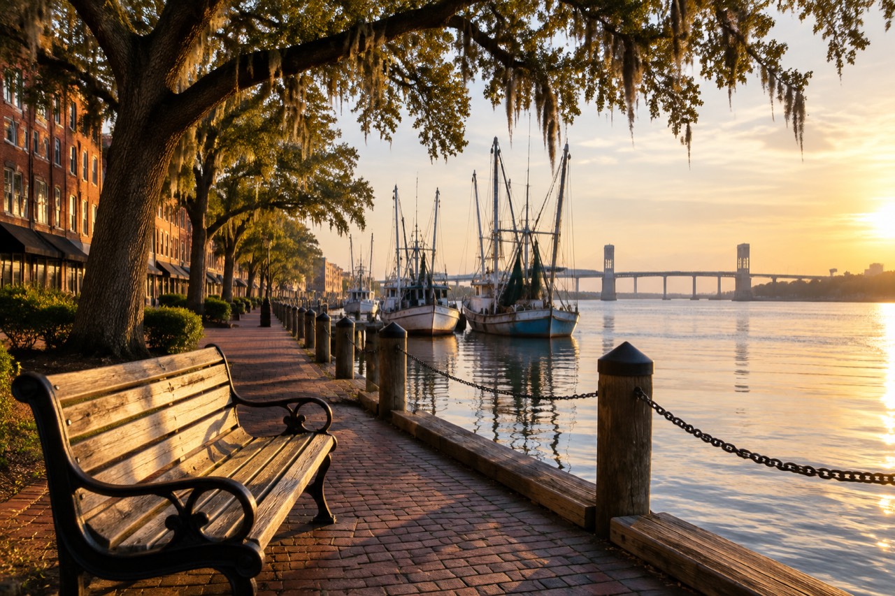 Wooden bench on a riverfront boardwalk beside the Cape Fear River at golden hour.