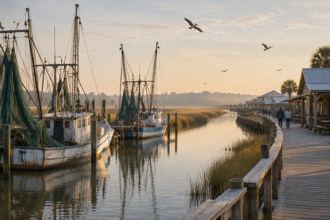 Shrimp boats moored at a wooden dock beside golden marsh grasses at sunrise