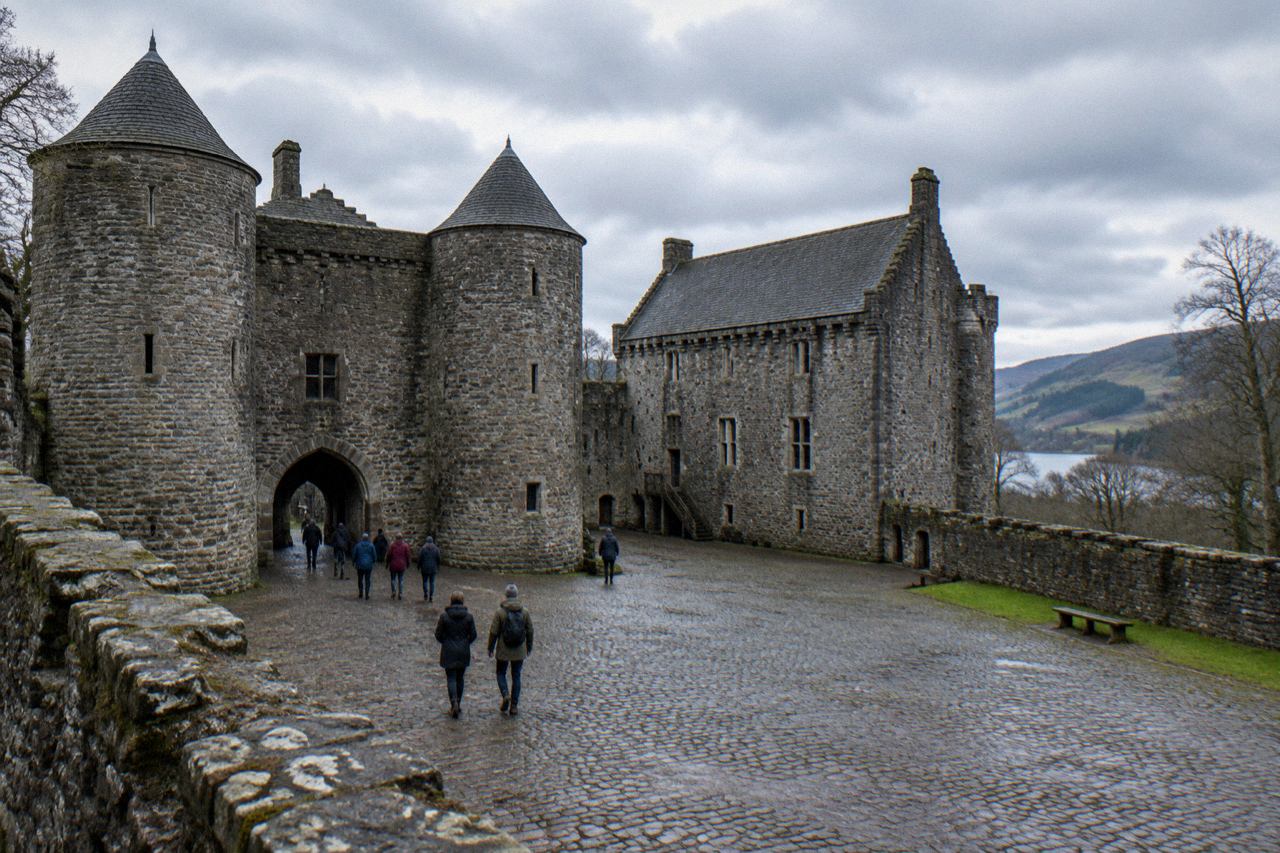 Grey stone medieval castle courtyard with round towers under an overcast Scottish sky