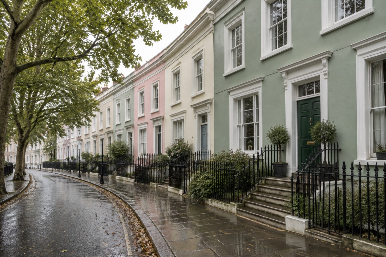 Pastel stucco terraced houses curving along a quiet Primrose Hill street under grey skies.