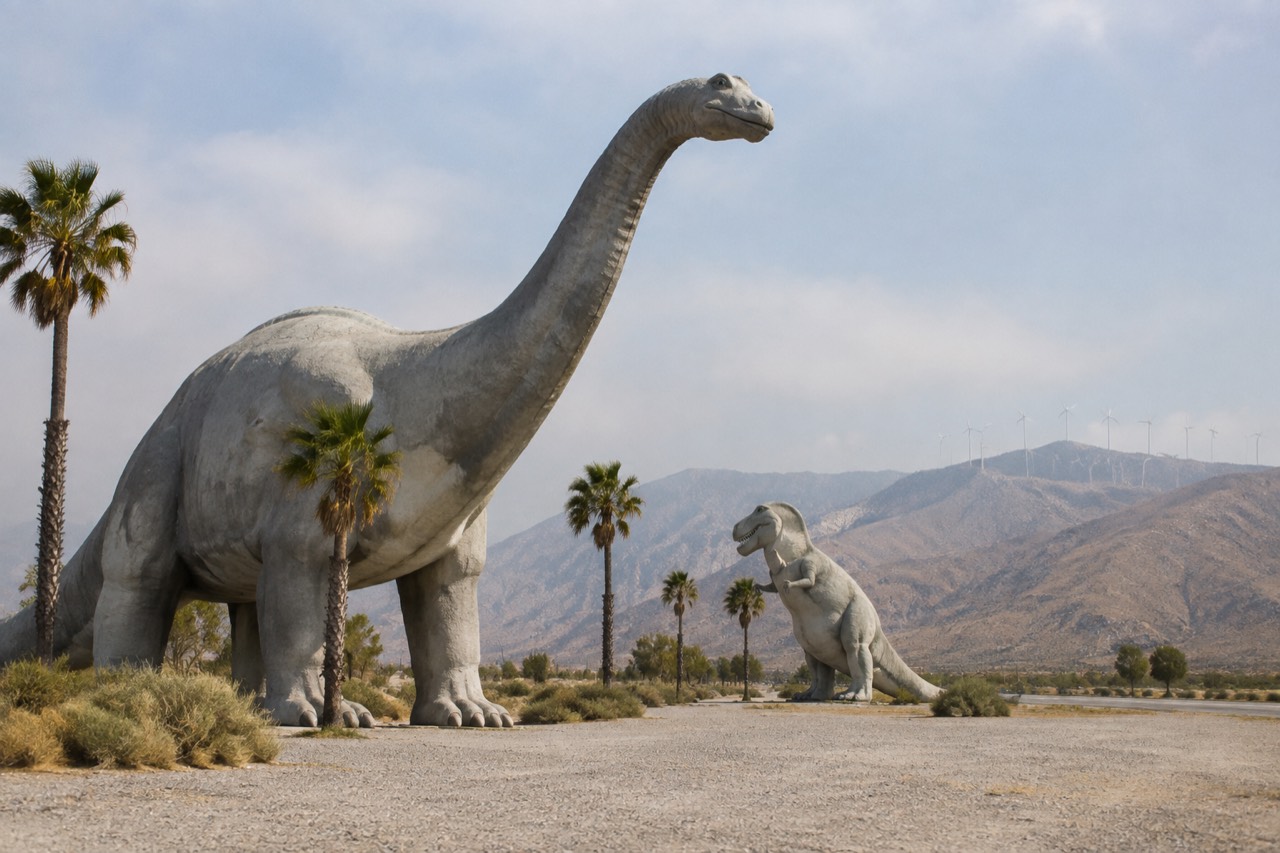 Giant concrete dinosaur statues beside a desert highway stop under a hazy morning sky.