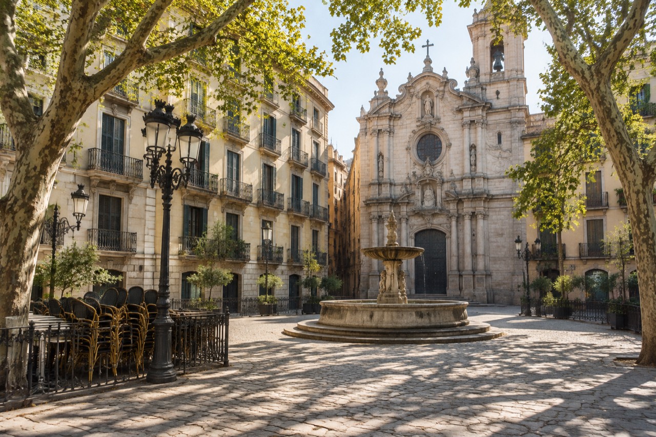 Sunlit cobbled square with plane trees, fountain and pale basilica façade in Barcelona's Gothic Quarter