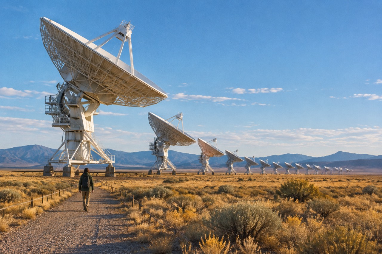Rows of white radio telescope dishes on a golden desert plain under a big sky