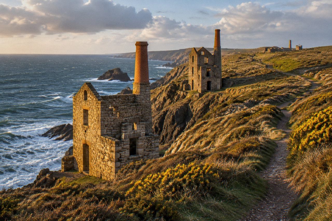 Ruined granite engine houses on a windswept Cornish cliff edge above the Atlantic sea.