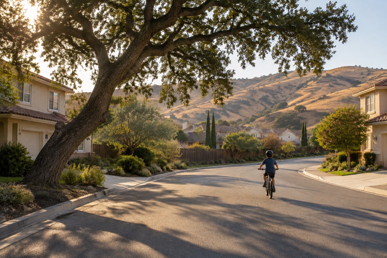 Suburban street with large oak tree and distant child on bicycle, late afternoon