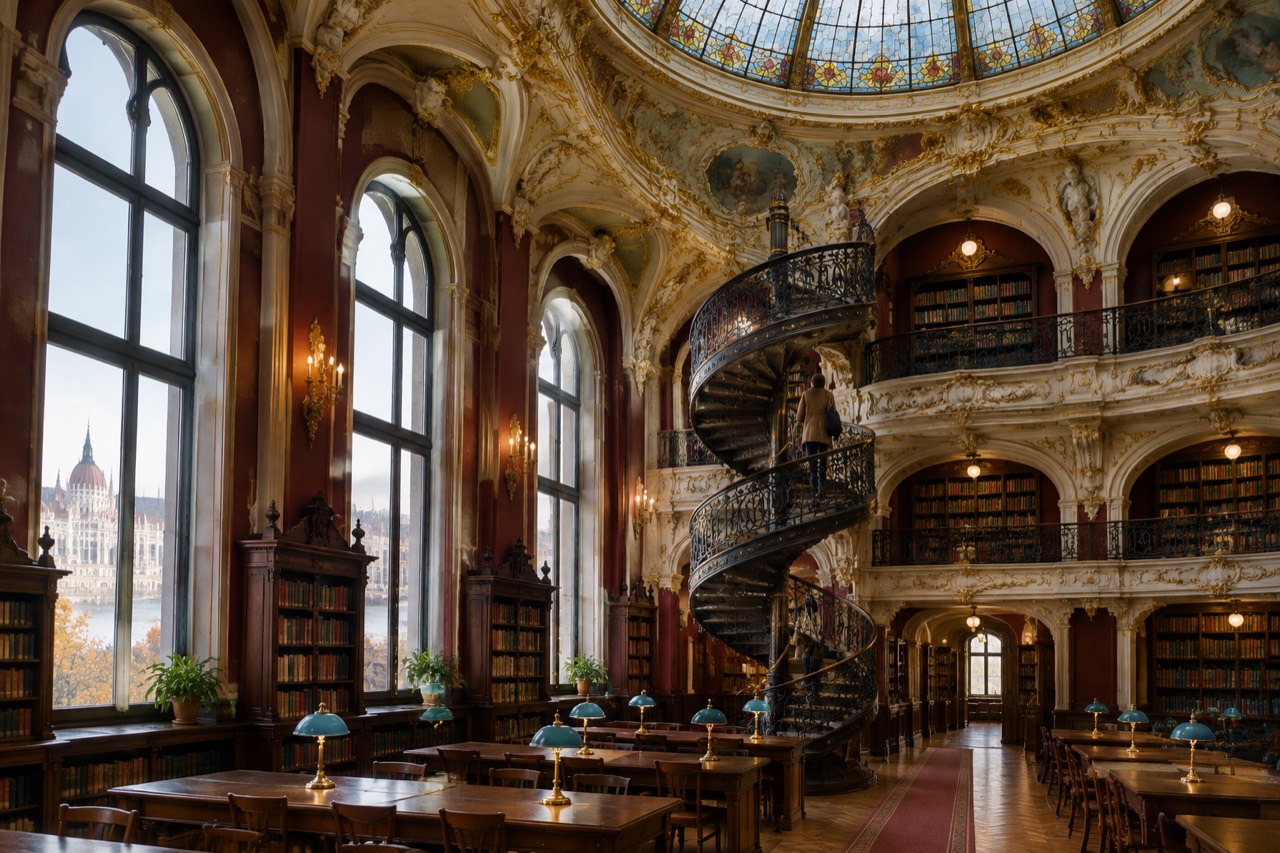 Gilded spiral staircase and dark wood reading shelves in a grand Budapest library hall