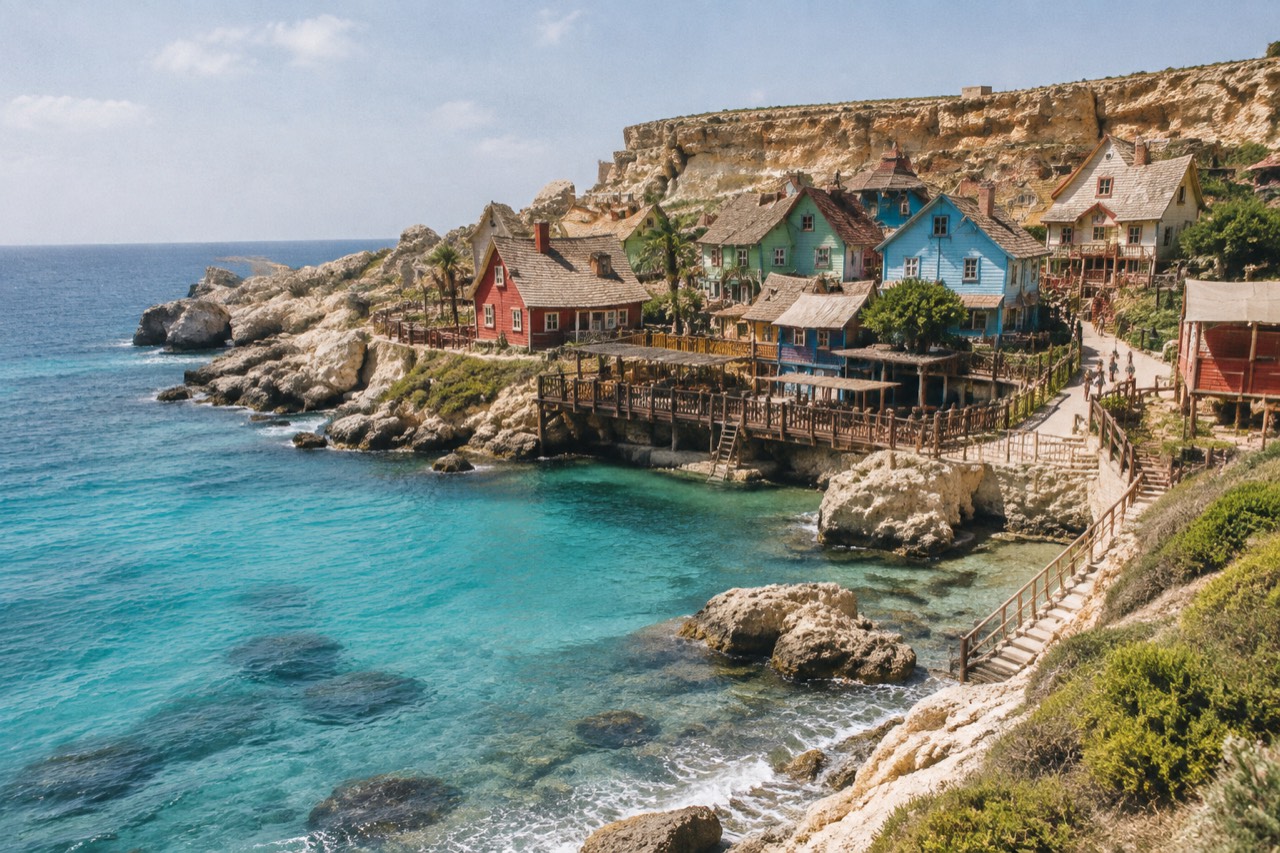 Colourful wooden village houses on rocky cliffs above a turquoise Mediterranean cove