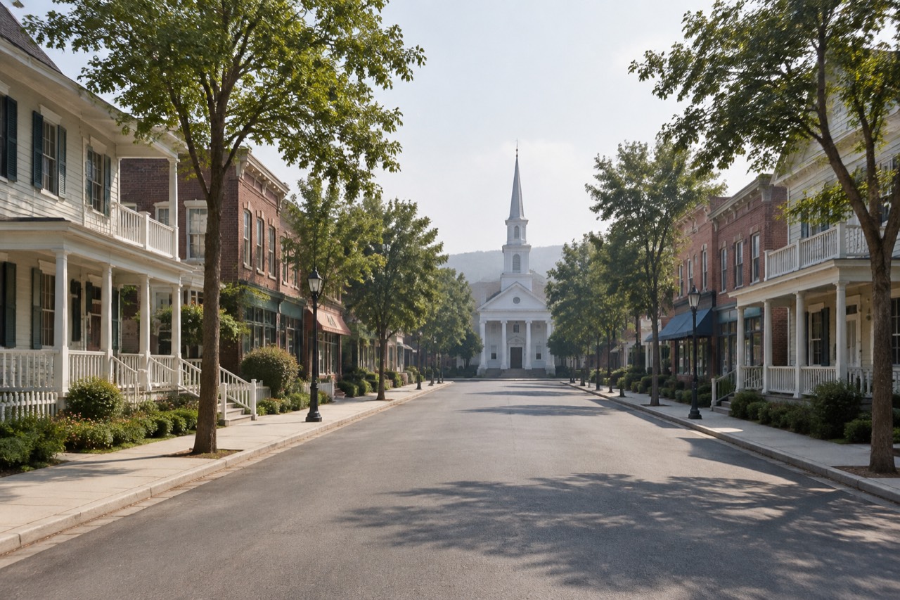 Quiet studio backlot street of clapboard house facades and trees under soft morning light.