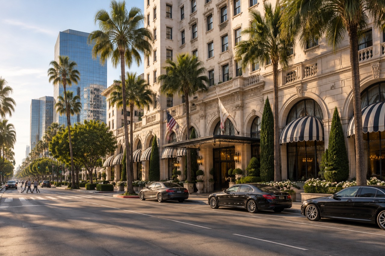 Grand historic hotel facade with palm trees on a sunny Beverly Hills corner