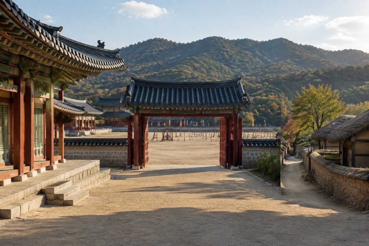 Painted palace halls and thatched village houses around a dirt courtyard under afternoon sun.