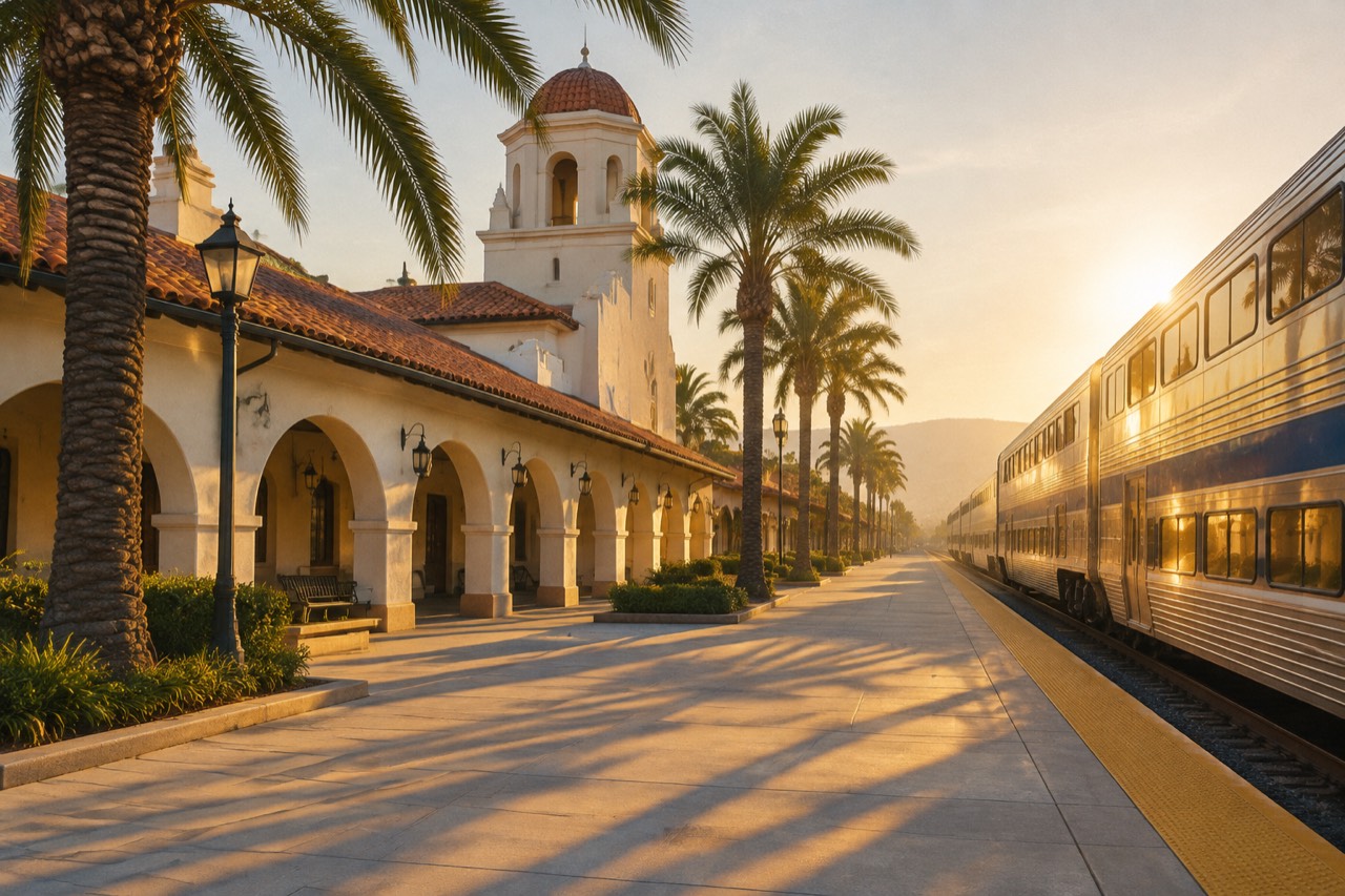 Spanish-style train depot with red tile roofs, palm trees and a passenger train in sunshine.