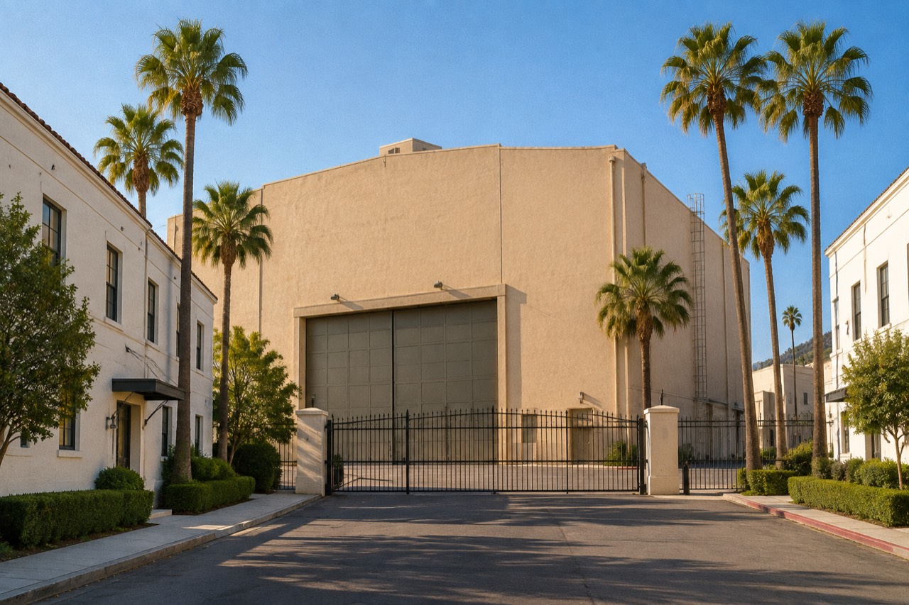 Beige soundstage exterior with palm trees on a Hollywood studio lot in morning light