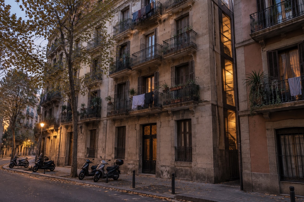 Old Barcelona apartment block with iron balconies and shuttered windows at dusk