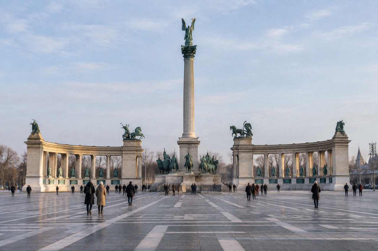 Neoclassical colonnades and tall column with golden angel figure above broad stone plaza