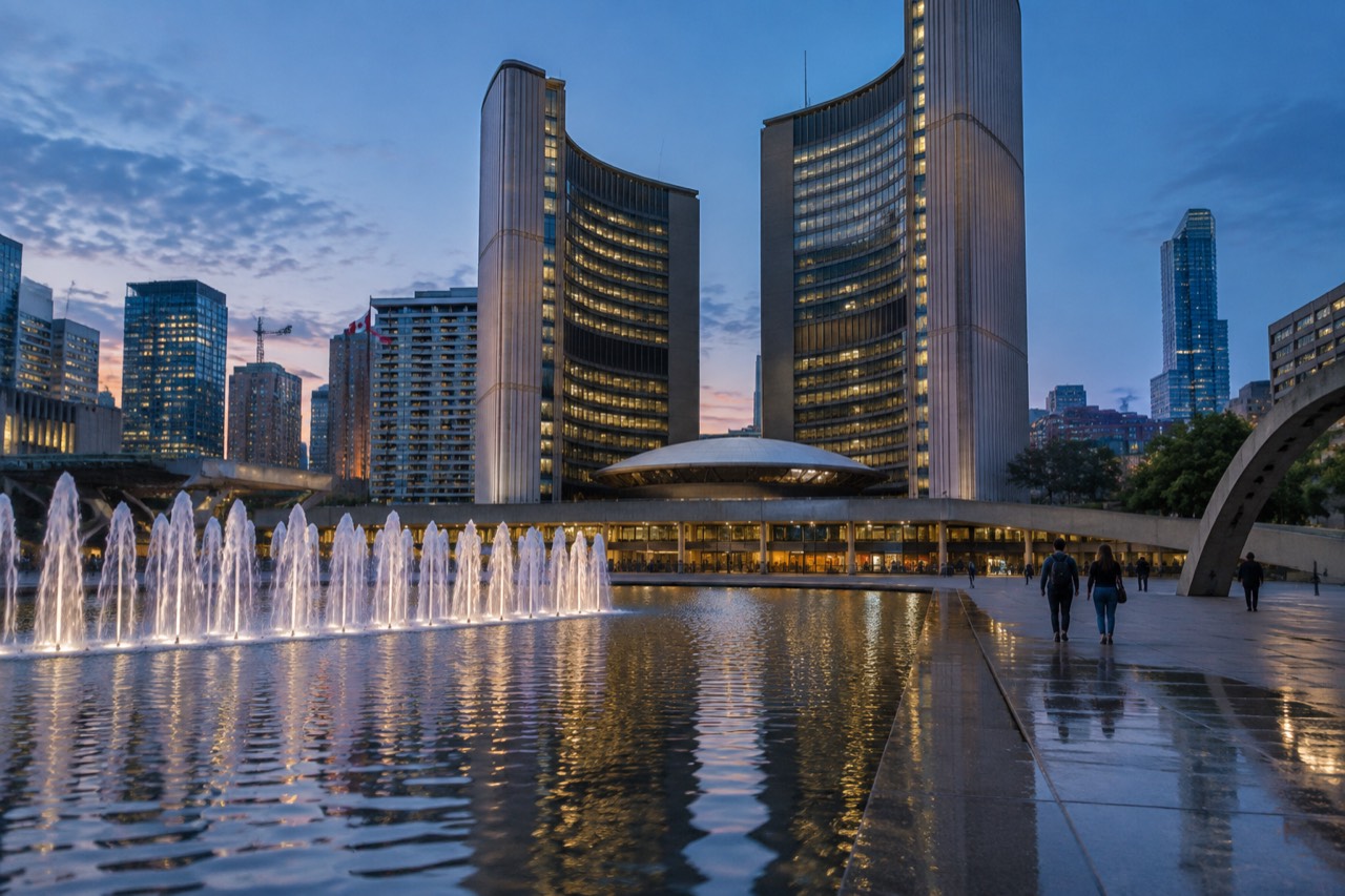 Curved twin towers and round council chamber above a reflecting pool at dusk
