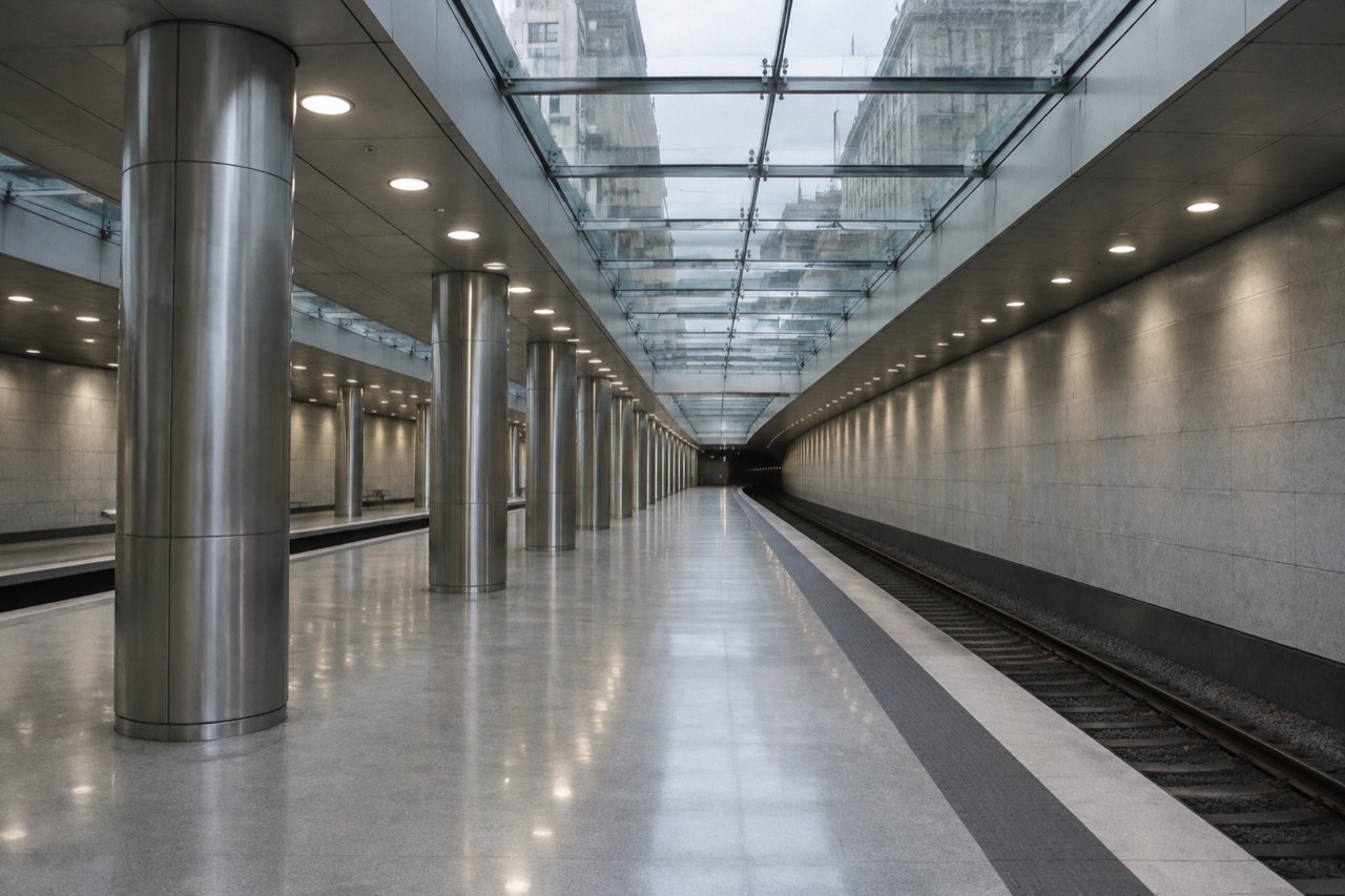 Empty modern U-Bahn platform with steel columns and ceiling lights in Berlin