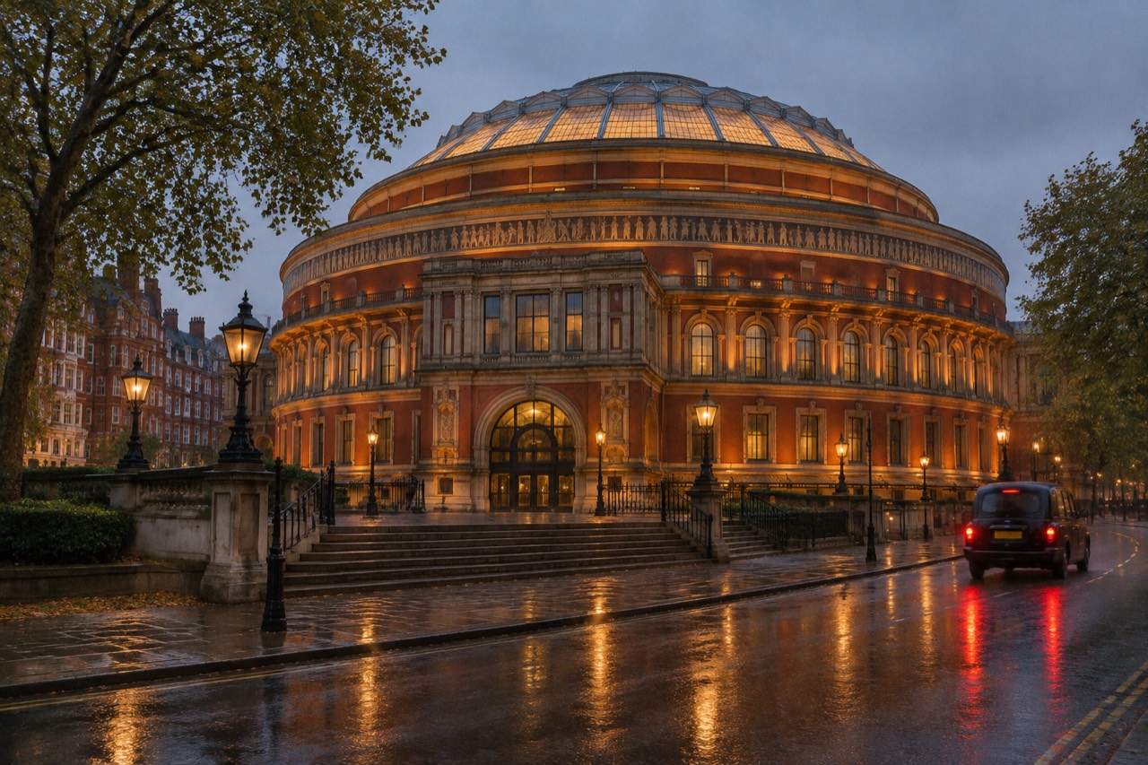 Royal Albert Hall's domed terracotta facade glowing at dusk above wet London pavement, taxi departing.