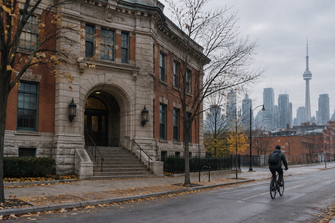 Historic stone police station on a quiet Toronto corner under grey autumn sky