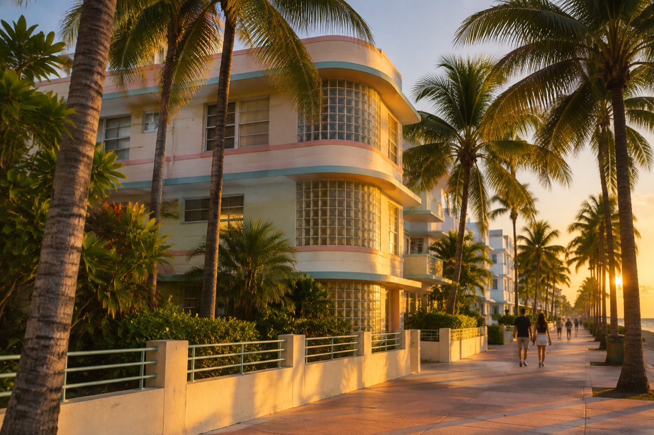 Pastel Art Deco apartment building behind palm trees on Ocean Drive, Miami Beach, at golden hour