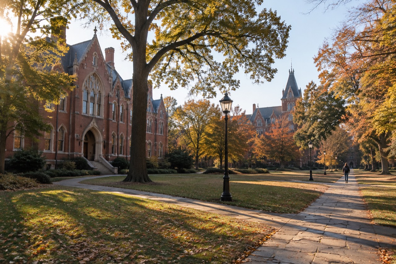 Sunlit brick quad with Gothic academic buildings, oaks, and walkways at a historic Georgia college campus.