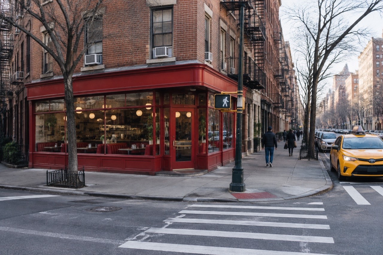 Corner diner with red storefront beneath a brick apartment building on a Manhattan street