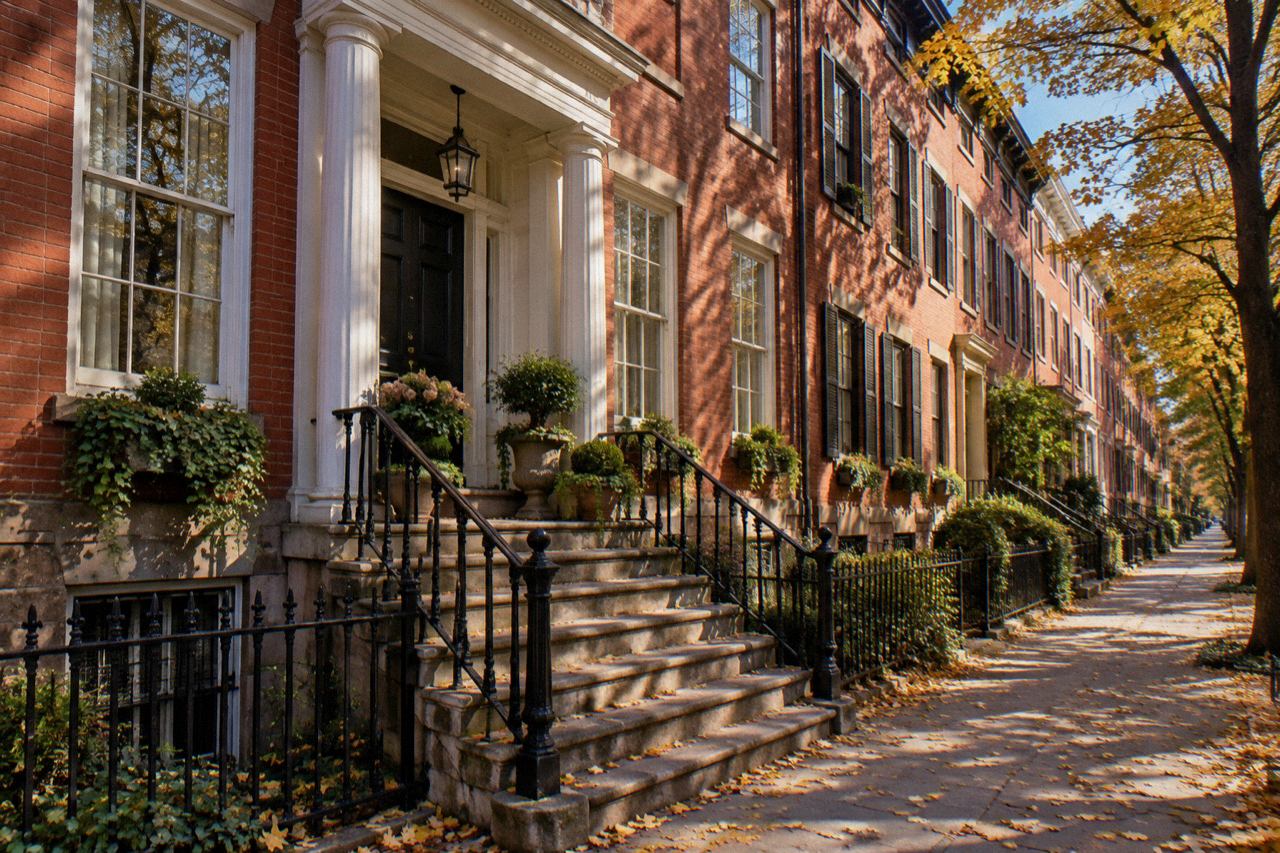 Sunlit brick townhouse with stone stoop and iron railing on a quiet West Village street.