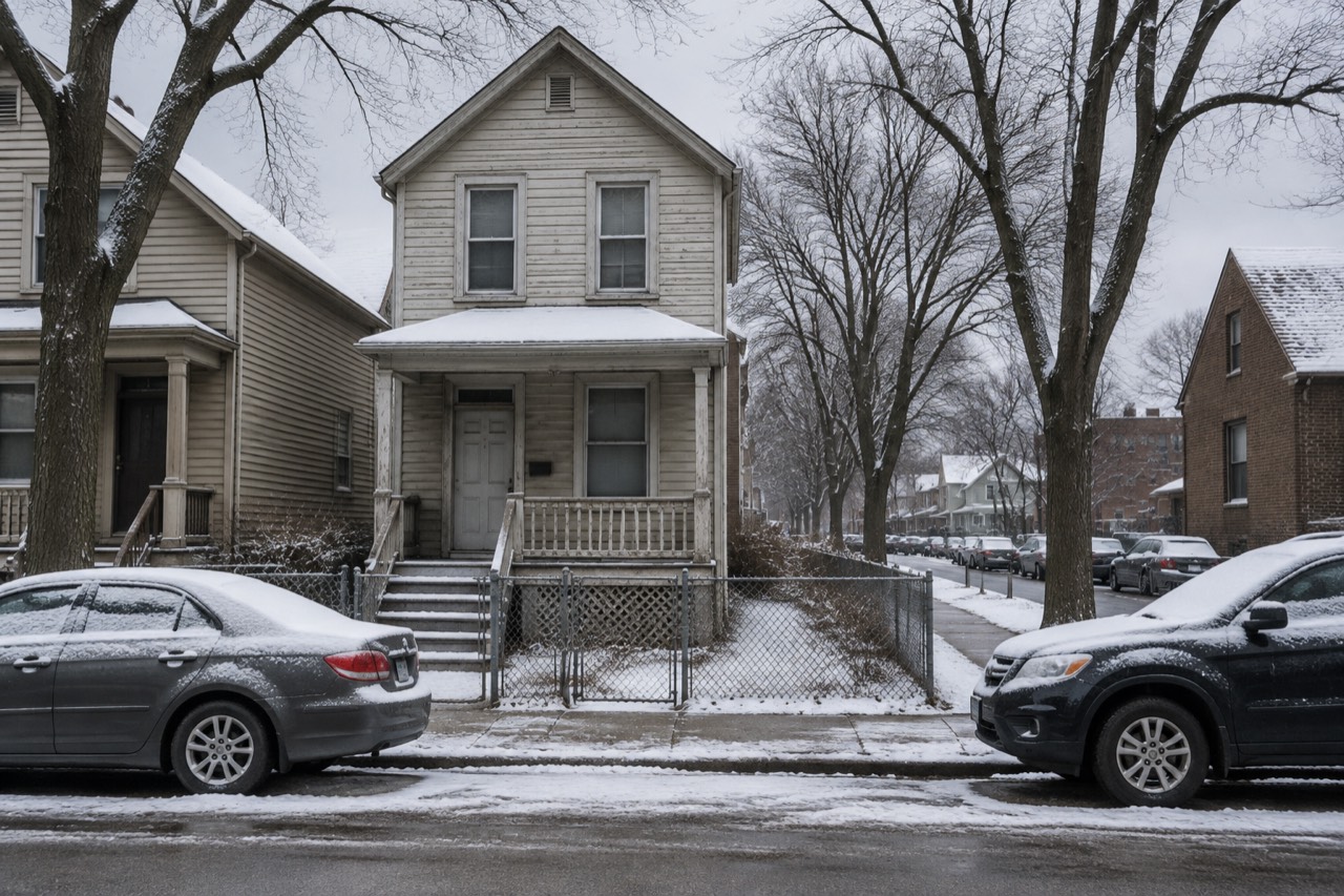 Faded wooden Chicago house with porch and chain-link fence on snowy winter street.