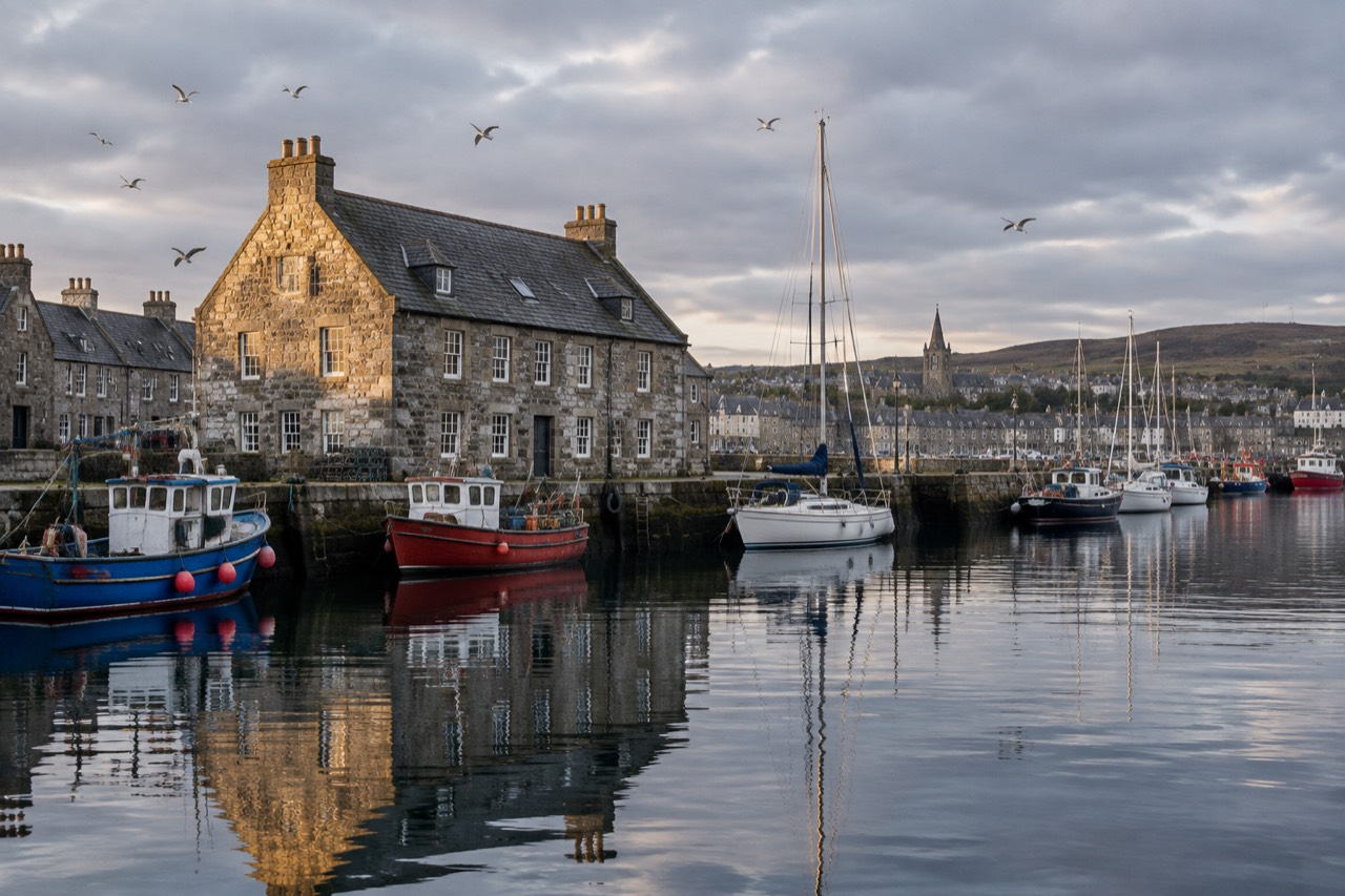 Grey stone waterfront house on Lerwick harbour quay with moored boats under overcast sky
