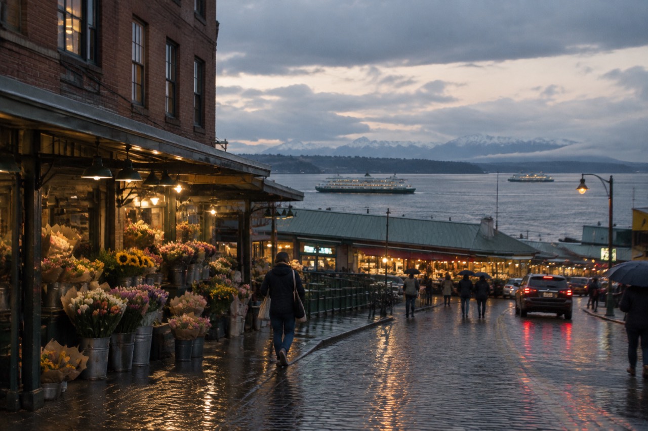 Red-brick market arcade with flower buckets, wet cobblestones, ferries crossing Elliott Bay at dusk.