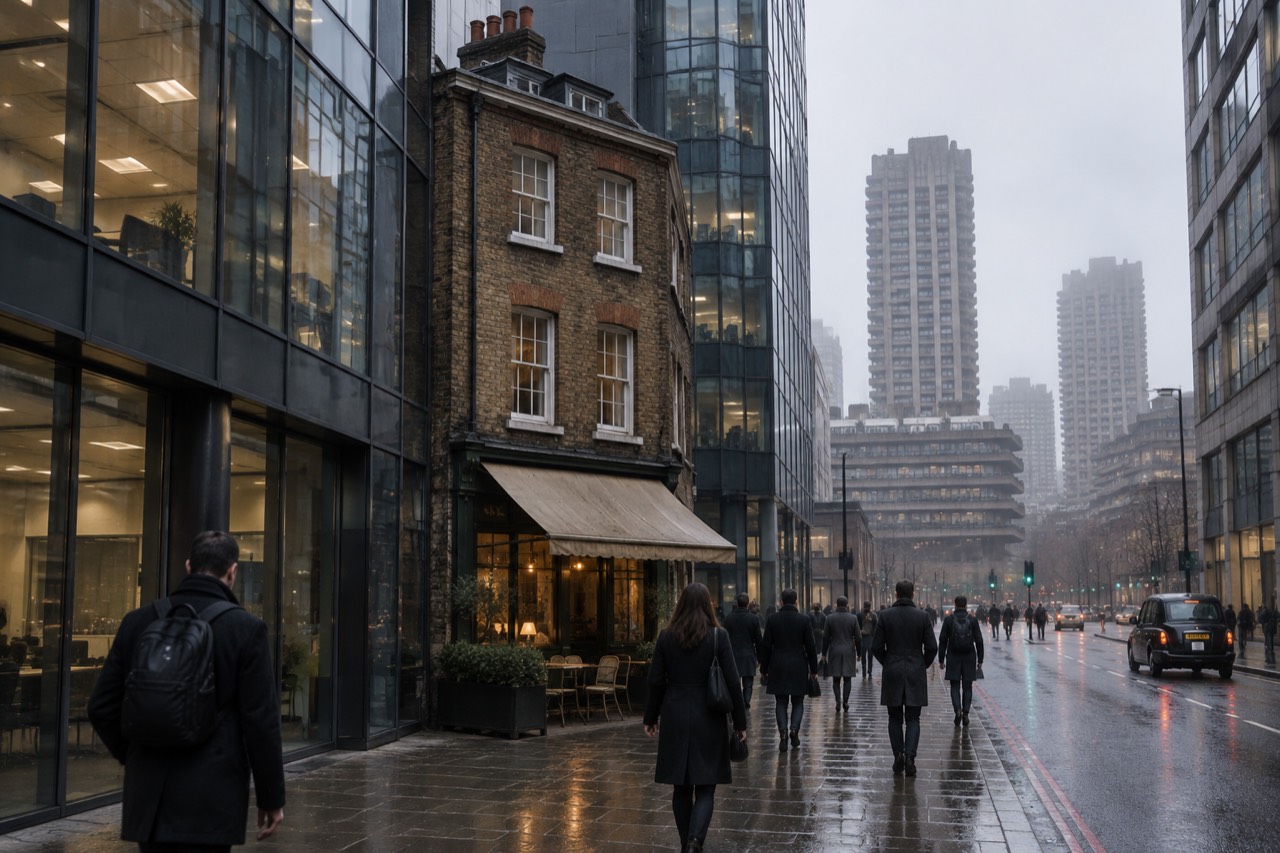 Weathered brick building between modern glass offices on a grey London street