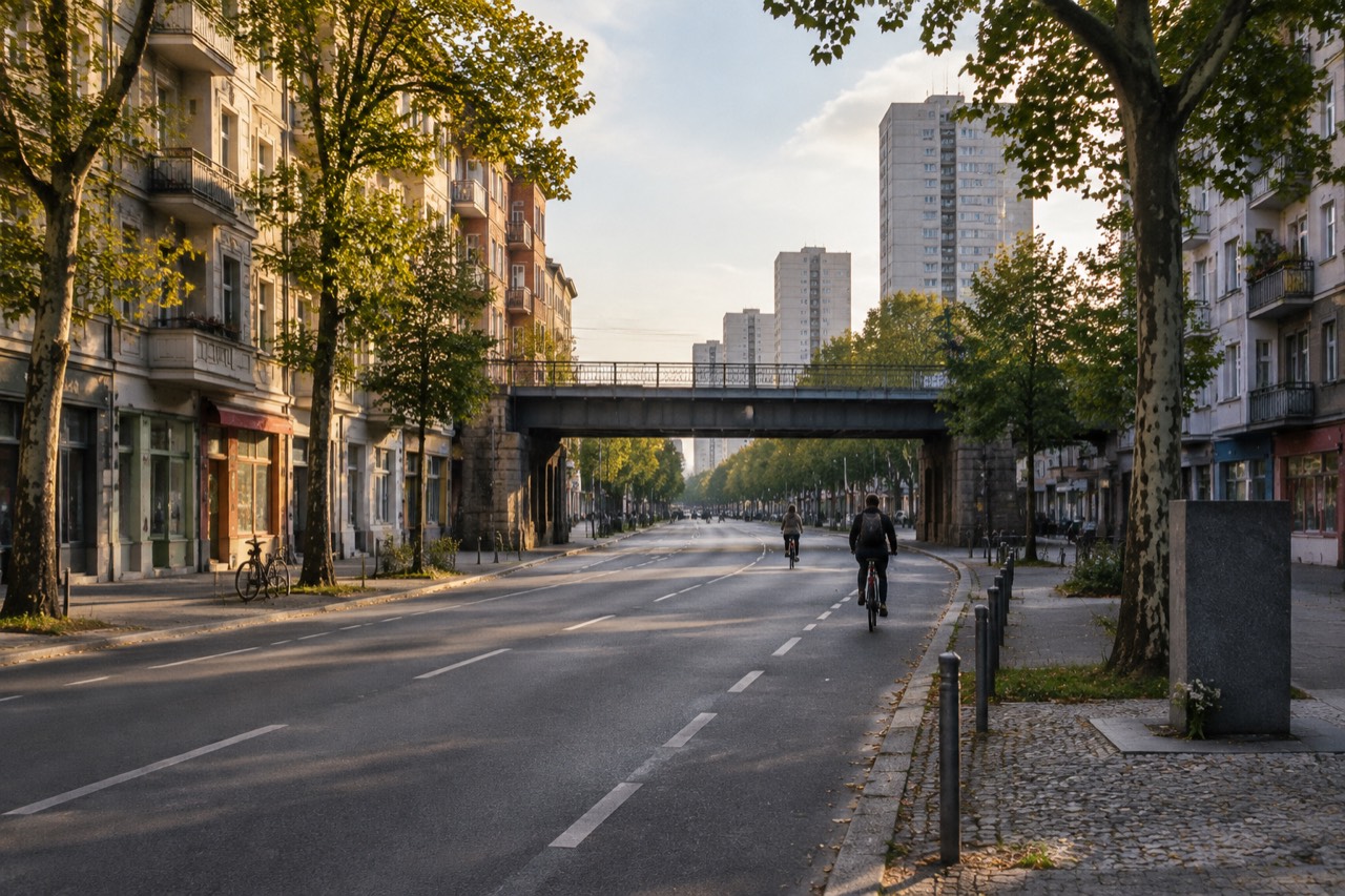 Long Berlin boulevard with apartment blocks and railway bridge in late-afternoon light