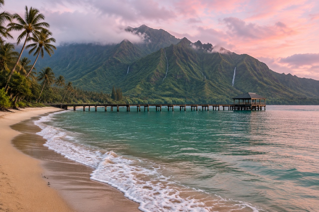 Wooden pier over turquoise bay with green misty mountains and golden sand beach
