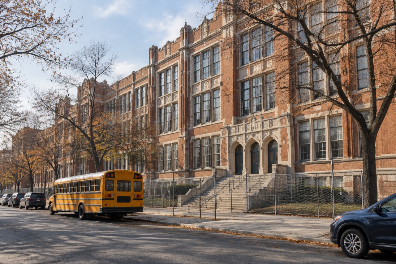 Large historic brick high school facade with rows of windows, front steps, and quiet Brooklyn street.