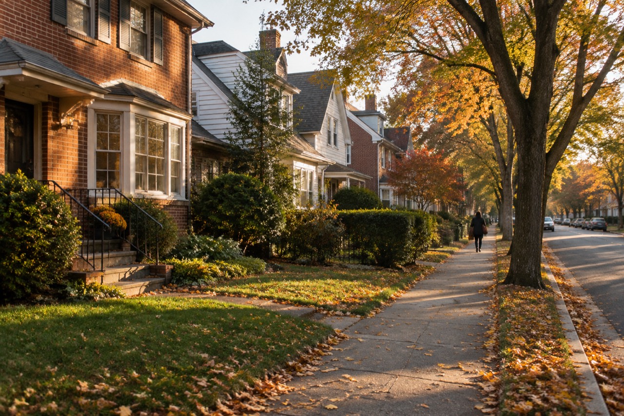 Quiet Forest Hills street with modest brick houses, small lawns, autumn leaves and warm afternoon light.