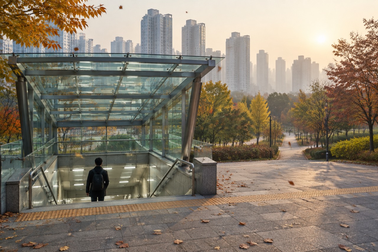Modern subway station entrance beside a leafy urban forest park in Seoul