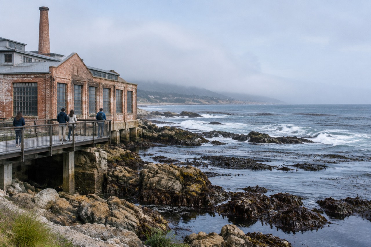 Weathered brick cannery building on Monterey waterfront with tide pools, kelp, and foggy ocean beyond.